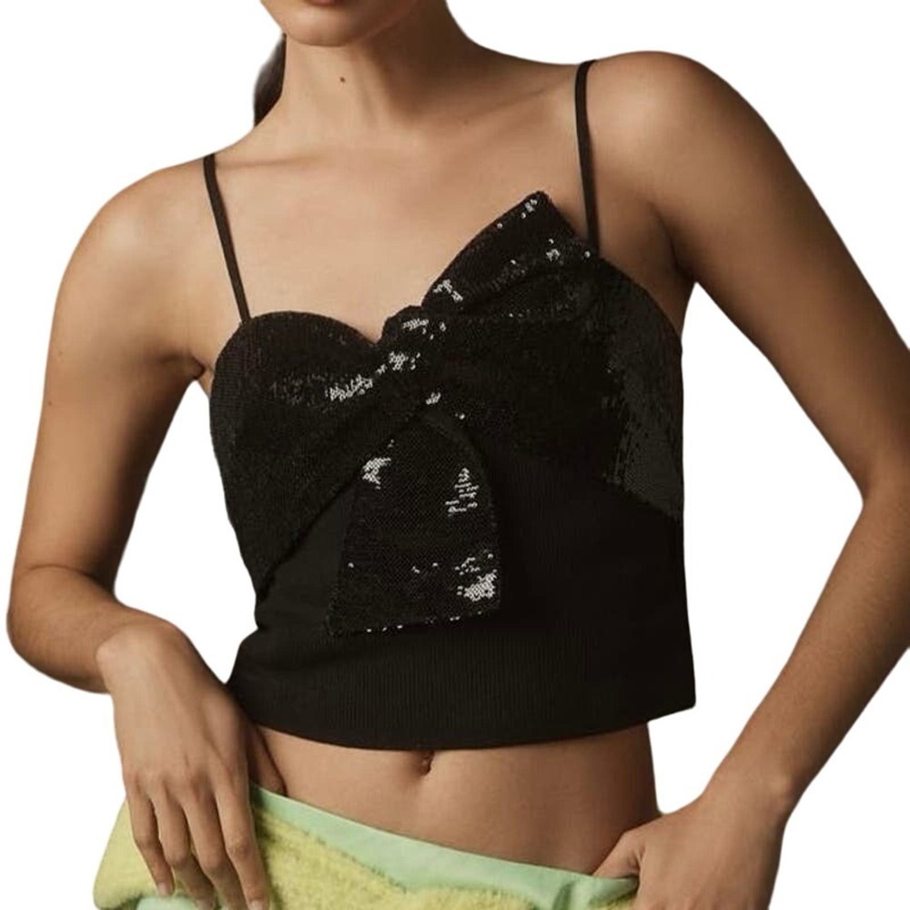 NWT Dolan Left Coast ANTHROPOLOGIE Black Sequin Bow Sweater Crop Tank - Medium